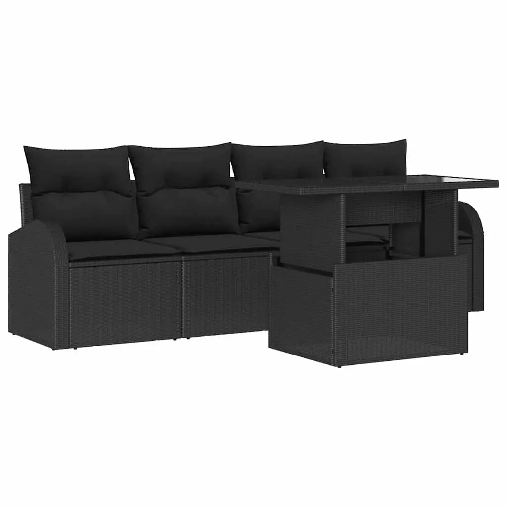 Outdoor Garden Sofa Set Modular Poly Rattan Black 5 Piece with Glass Top Table