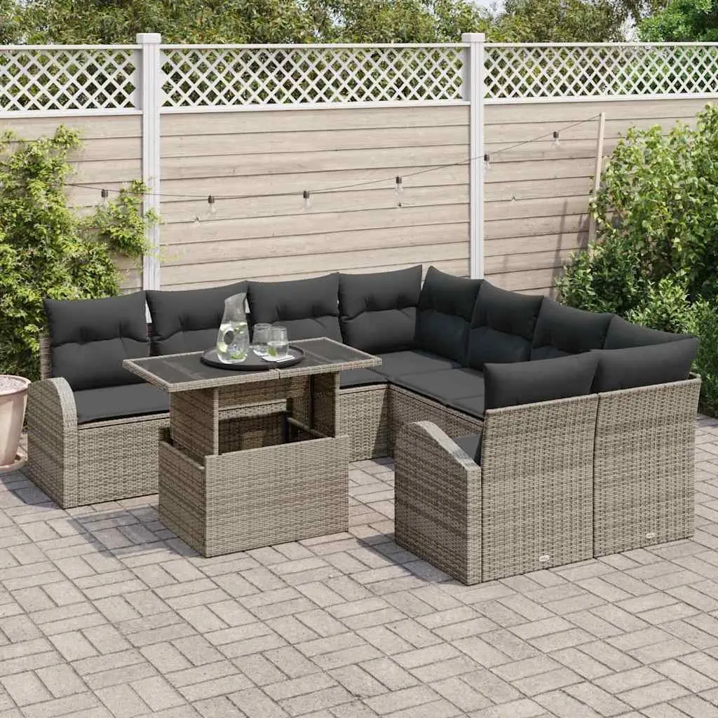 Outdoor Garden Sofa Set 9 Piece Modular Rattan Patio Furniture Grey Cushions