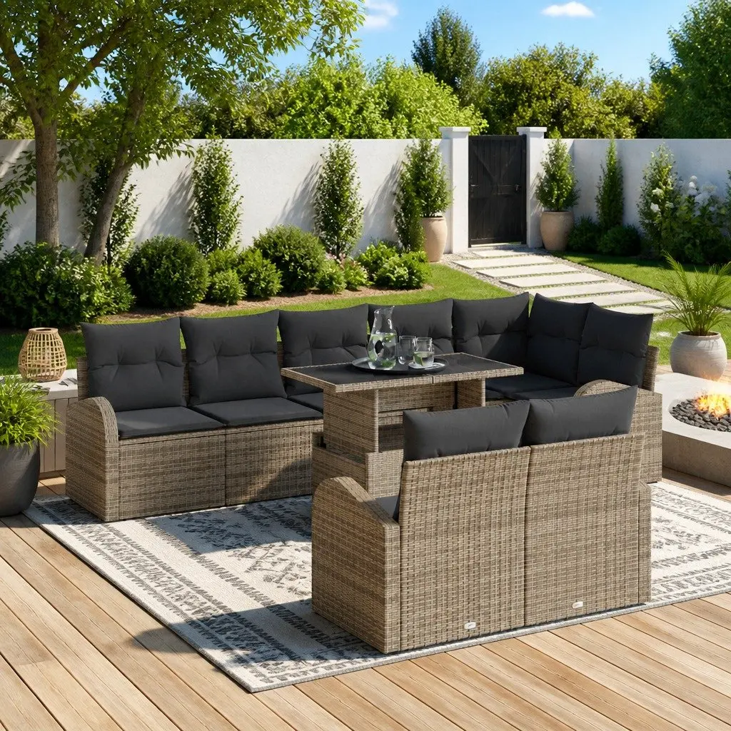 Modular Outdoor Furniture Set Grey Poly Rattan 9 Piece Garden Sofa with Storage Table and Weather Resistant Cushions