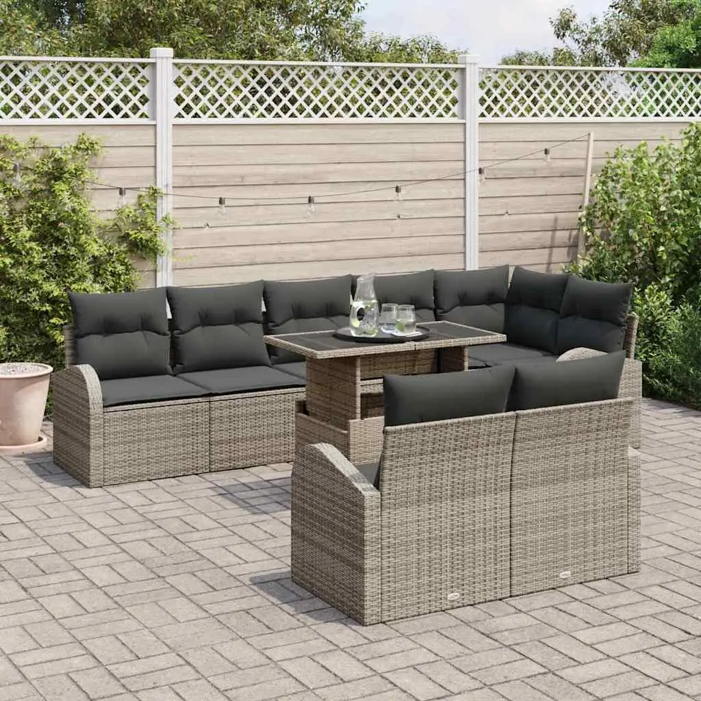 Modular Outdoor Furniture Set Grey Poly Rattan 9 Piece Garden Sofa with Storage Table and Weather Resistant Cushions