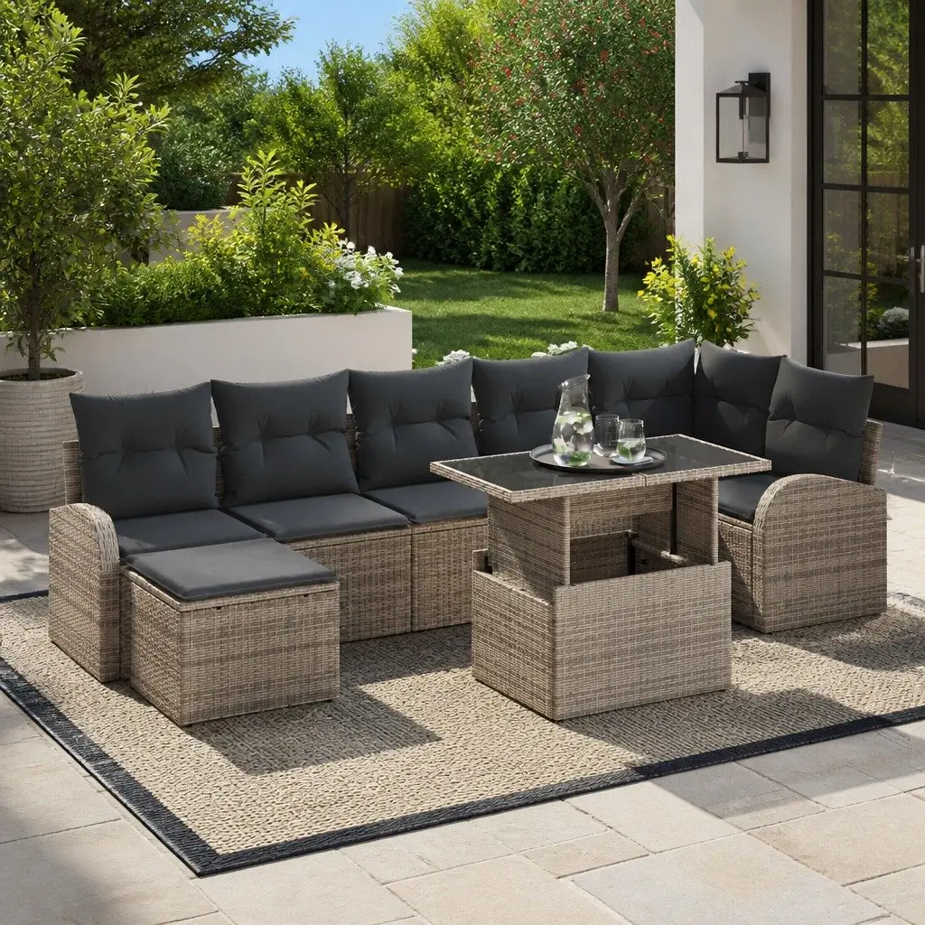 Modular Garden Sofa Set 8 Pieces Poly Rattan Outdoor Patio Furniture with Cushions Grey