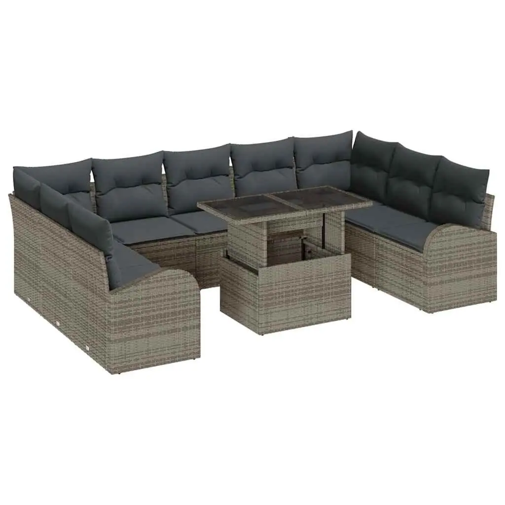 10 Piece Outdoor Furniture Set Grey Poly Rattan Modular Sofa with Height Adjustable Glass Table and Removable Cushions