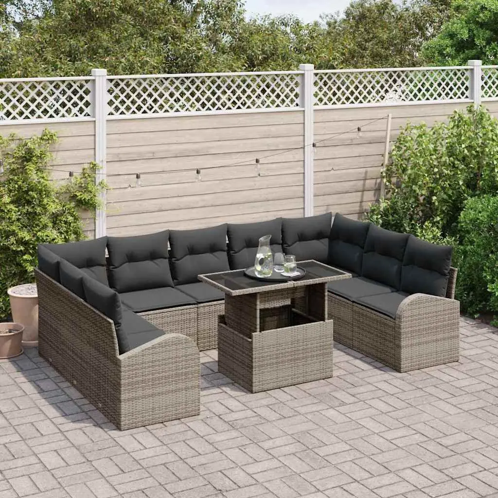 10 Piece Outdoor Furniture Set Grey Poly Rattan Modular Sofa with Height Adjustable Glass Table and Removable Cushions