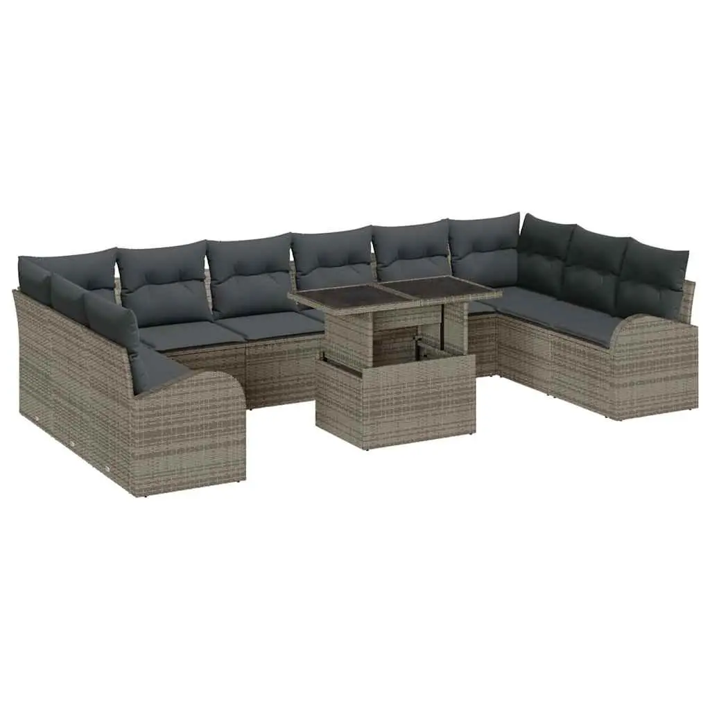 Garden Sofa Set 11 Pieces Modular Outdoor Furniture Grey Poly Rattan with Glass