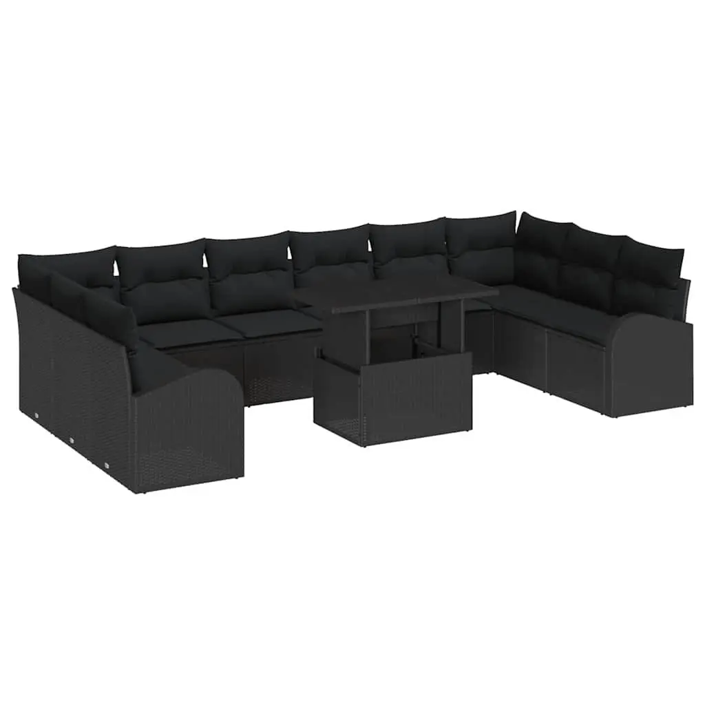 11 Piece Modular Sofa Set Outdoor Furniture Black Poly Rattan with Adjustable Glass Table for Garden Patio and Terrace