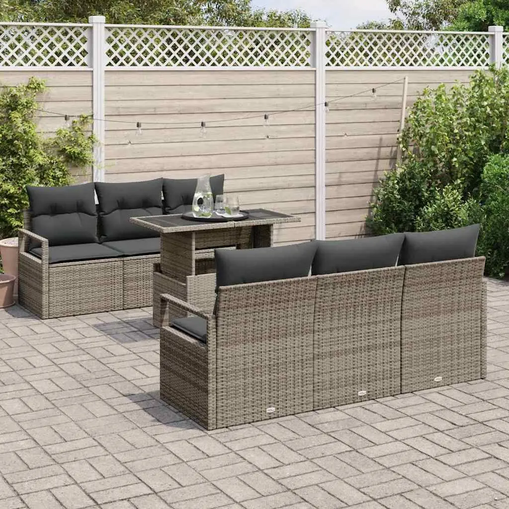 Modular Garden Sofa Set 7 Pieces Grey Poly Rattan Outdoor Furniture with