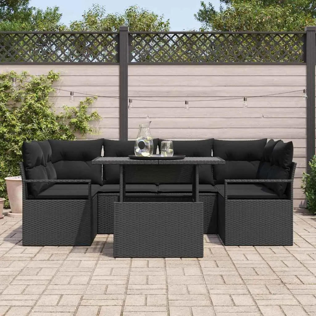 Garden Sofa Set Modular 7 Piece Outdoor Furniture Black Poly Rattan Patio