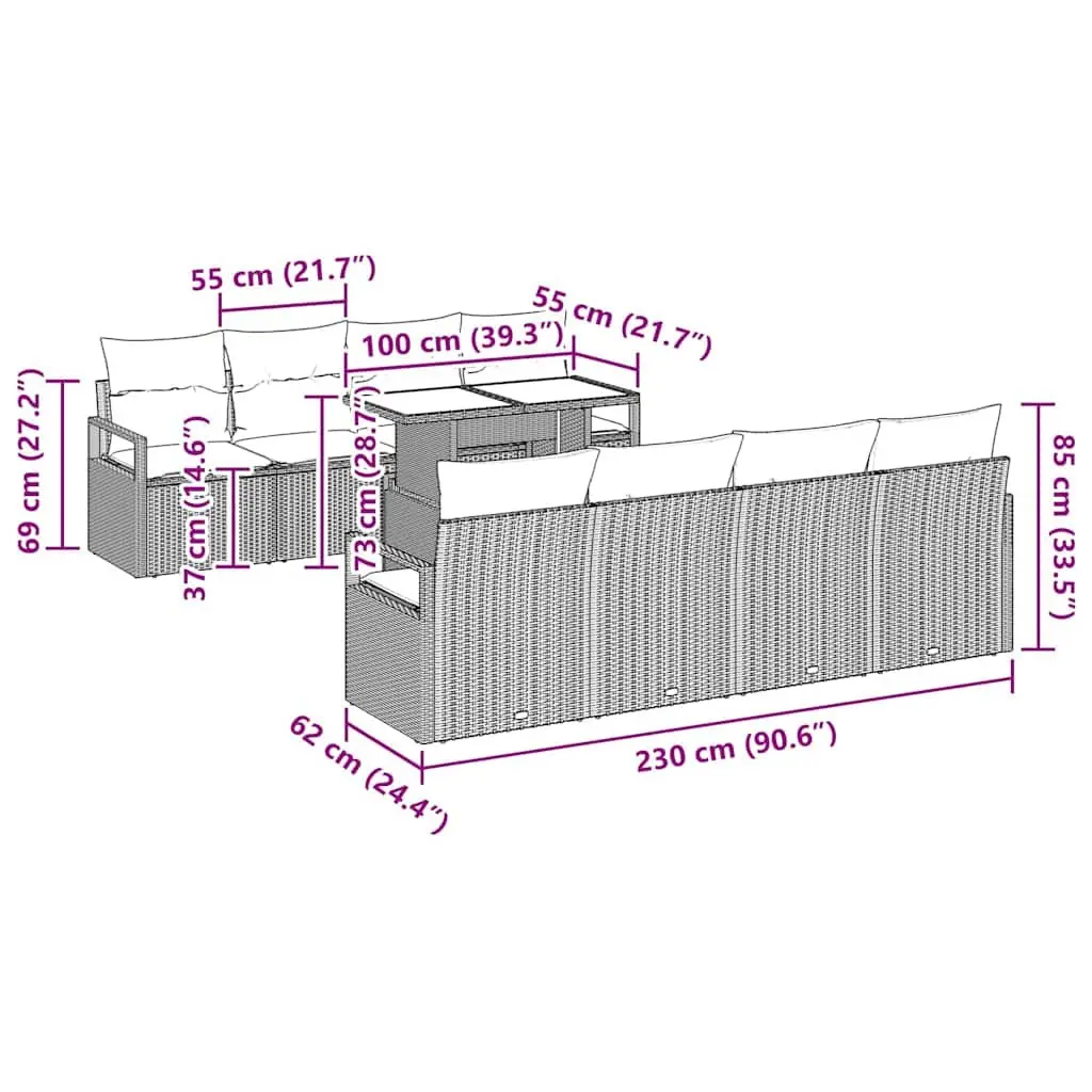 Garden Sofa Set Poly Rattan 9 Pieces Grey Modular Outdoor Furniture