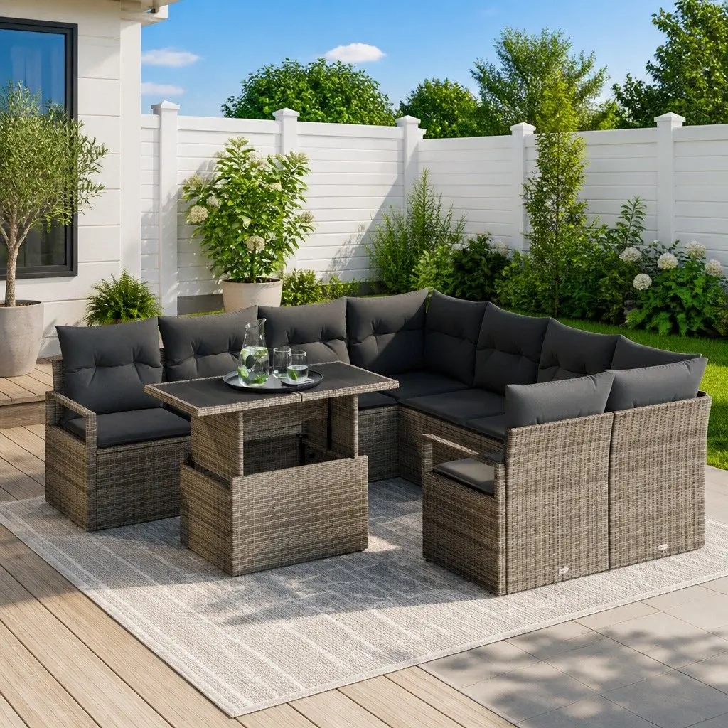 Garden Sofa Set Modular Rattan 9 Pieces Grey
