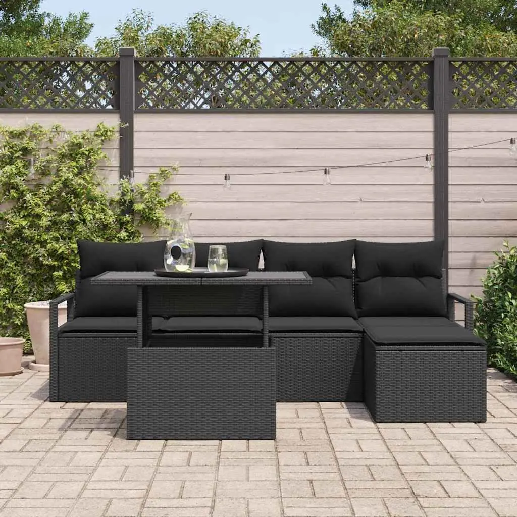 Outdoor Garden Sofa Set 6 Pieces Modular Black Poly Rattan Furniture with