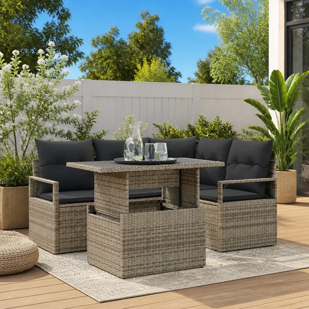 Modular Outdoor Sofa Set Poly Rattan Grey 5 Piece Sectional Furniture with Adjustable Layout and Glass Top Table