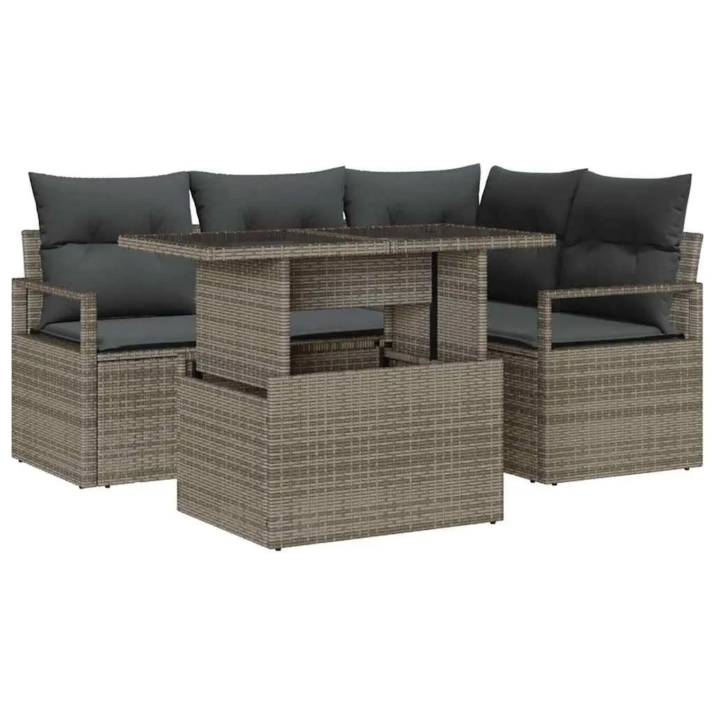 Modular Outdoor Sofa Set Poly Rattan Grey 5 Piece Sectional Furniture with Adjustable Layout and Glass Top Table