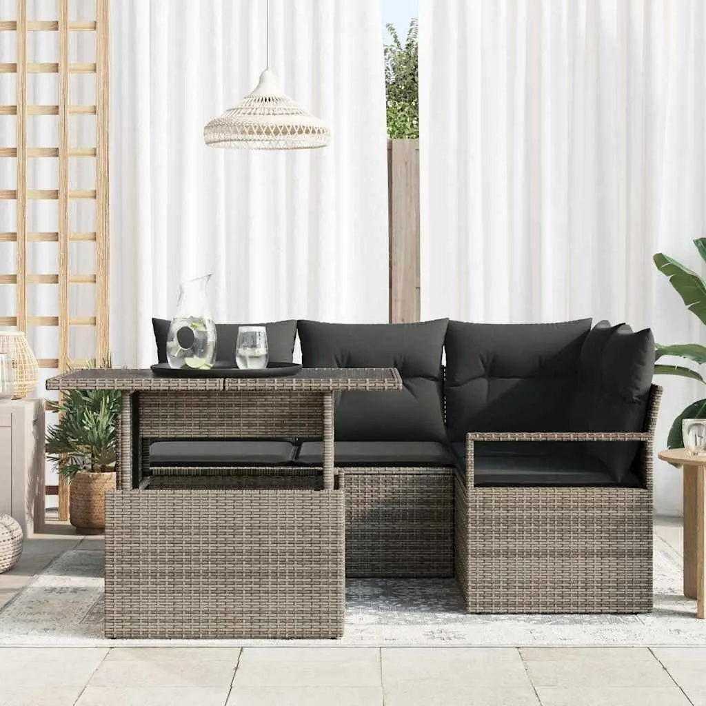 Modular Outdoor Sofa Set Poly Rattan Grey 5 Piece Sectional Furniture with Adjustable Layout and Glass Top Table