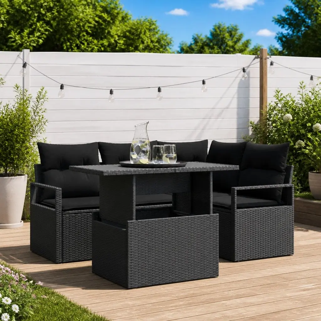 Garden Sofa Set 5 Pieces Outdoor Furniture Black Poly Rattan Modular Sectional
