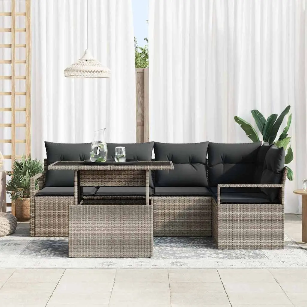 Garden Sofa Set 6 Pieces Modular Outdoor Seating Grey Poly Rattan with Glass