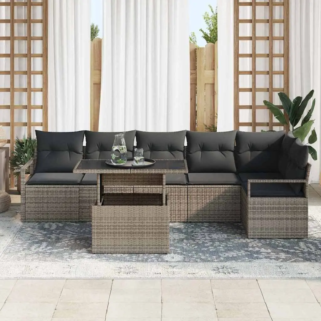 Garden Sofa Set 7-Piece Poly Rattan Grey Adjustable Table Weather-Resistant Cushions Integrated Storage Powder-Coated Steel Frame