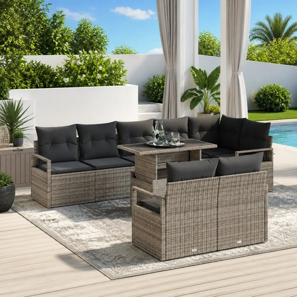 Modular Garden Sofa Set 9 Piece Grey Outdoor Furniture Poly Rattan with Cushions