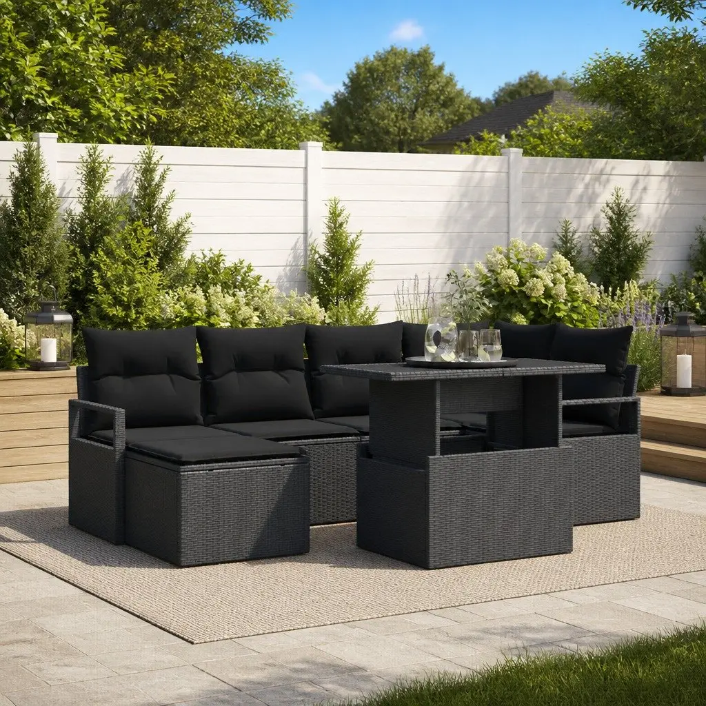 7 Piece Modular Garden Sofa Set Black Poly Rattan Outdoor Furniture
