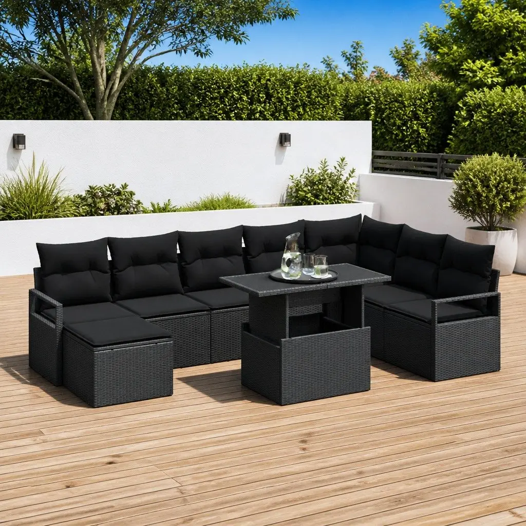 Garden Sofa Set Modular Poly Rattan 9 Piece Black Outdoor Furniture