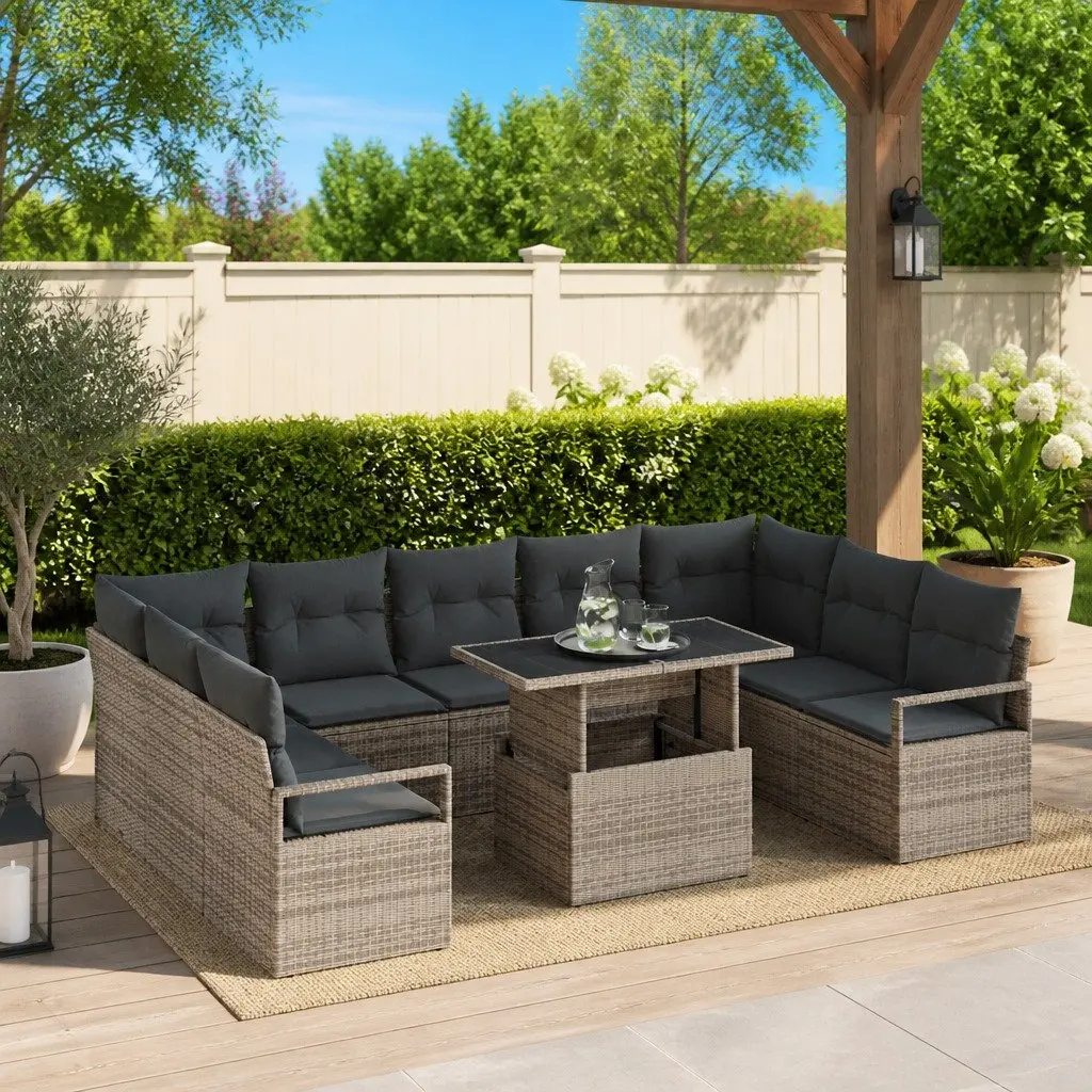 10 Piece Outdoor Modular Sofa Set Grey Poly Rattan Patio Furniture with Adjustable Height Table