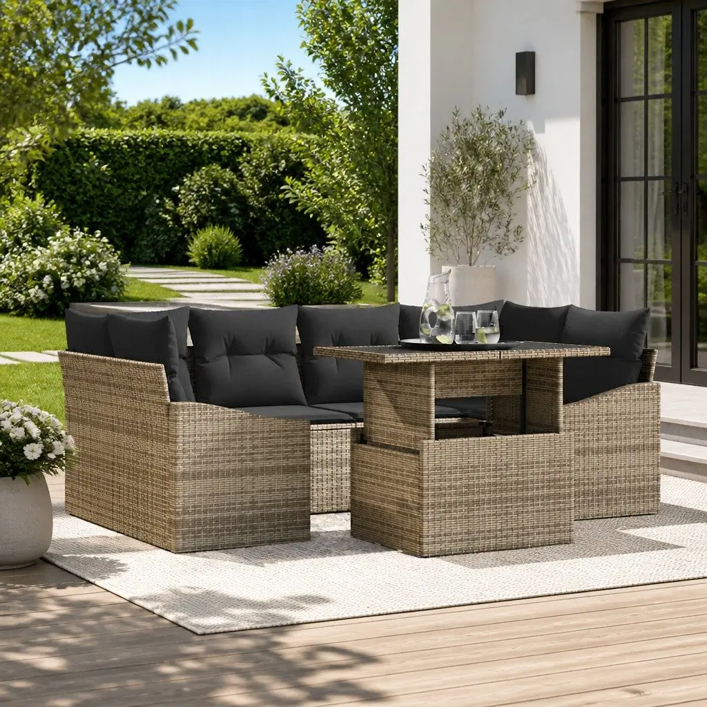 Modular Outdoor Sofa Set Poly Rattan Frame Polyester Upholstery 7 Piece Black