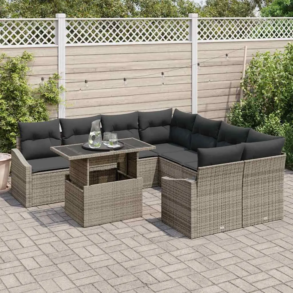 Garden Sofa Set Modular Outdoor Furniture 9 pcs Grey Poly Rattan Sectional