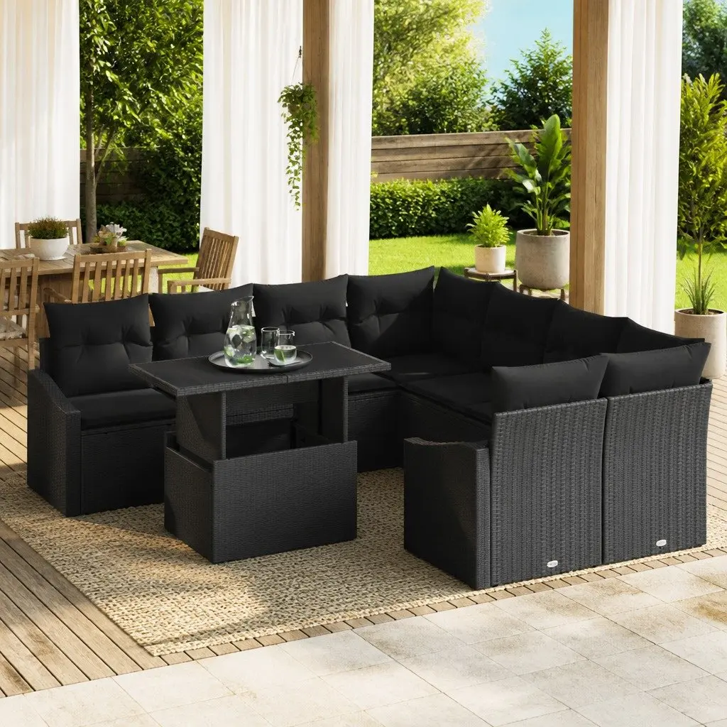 Modular Garden Sofa Set Poly Rattan 9 Piece Outdoor Furniture Black with Glass Table