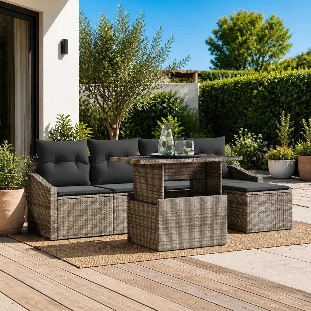 Garden Sofa Set Poly Rattan 6 Piece Outdoor Seating Grey with Cushions