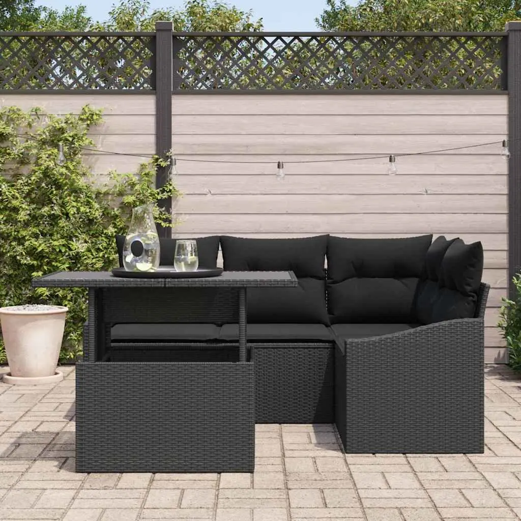 Garden Sofa Set 5 Pieces Black Outdoor Seating Patio Furniture with Glass Table