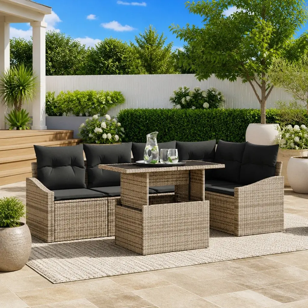Outdoor Garden Sofa Set Poly Rattan Modular 6 Piece Grey with Powder-Coated Steel Frame and Glass-Topped Table