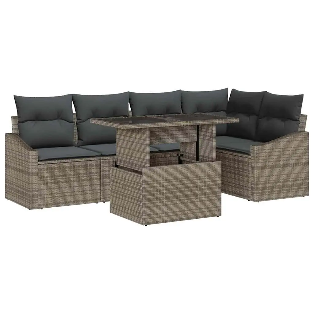 Outdoor Garden Sofa Set Poly Rattan Modular 6 Piece Grey with Powder-Coated Steel Frame and Glass-Topped Table