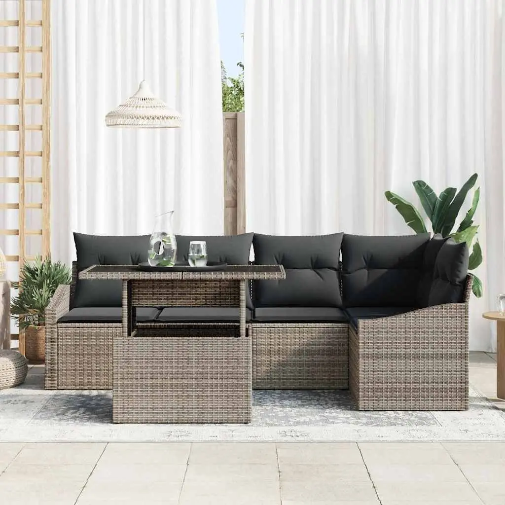 Outdoor Garden Sofa Set Poly Rattan Modular 6 Piece Grey with Powder-Coated Steel Frame and Glass-Topped Table