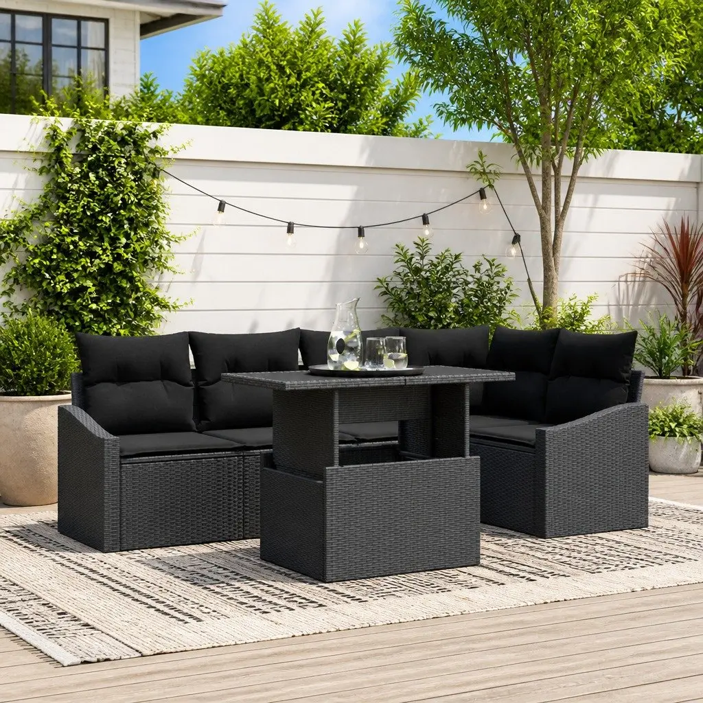 Garden Sofa Set Modular Poly Rattan Steel Frame 6 Piece Black