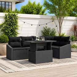 Garden Sofa Set 6 Piece Outdoor Seating Black Poly Rattan Steel Frame Modular