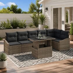 Garden Sofa Set 7 Pieces Grey Modular Outdoor Seating Patio Lounge with Cushions