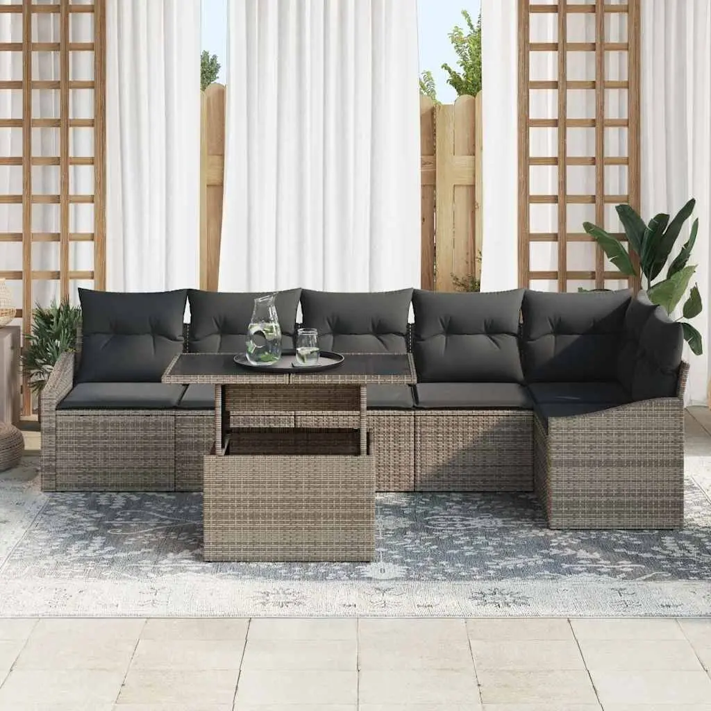 Garden Sofa Set Poly Rattan 7 Piece Grey Modular Outdoor Seating with Cushions