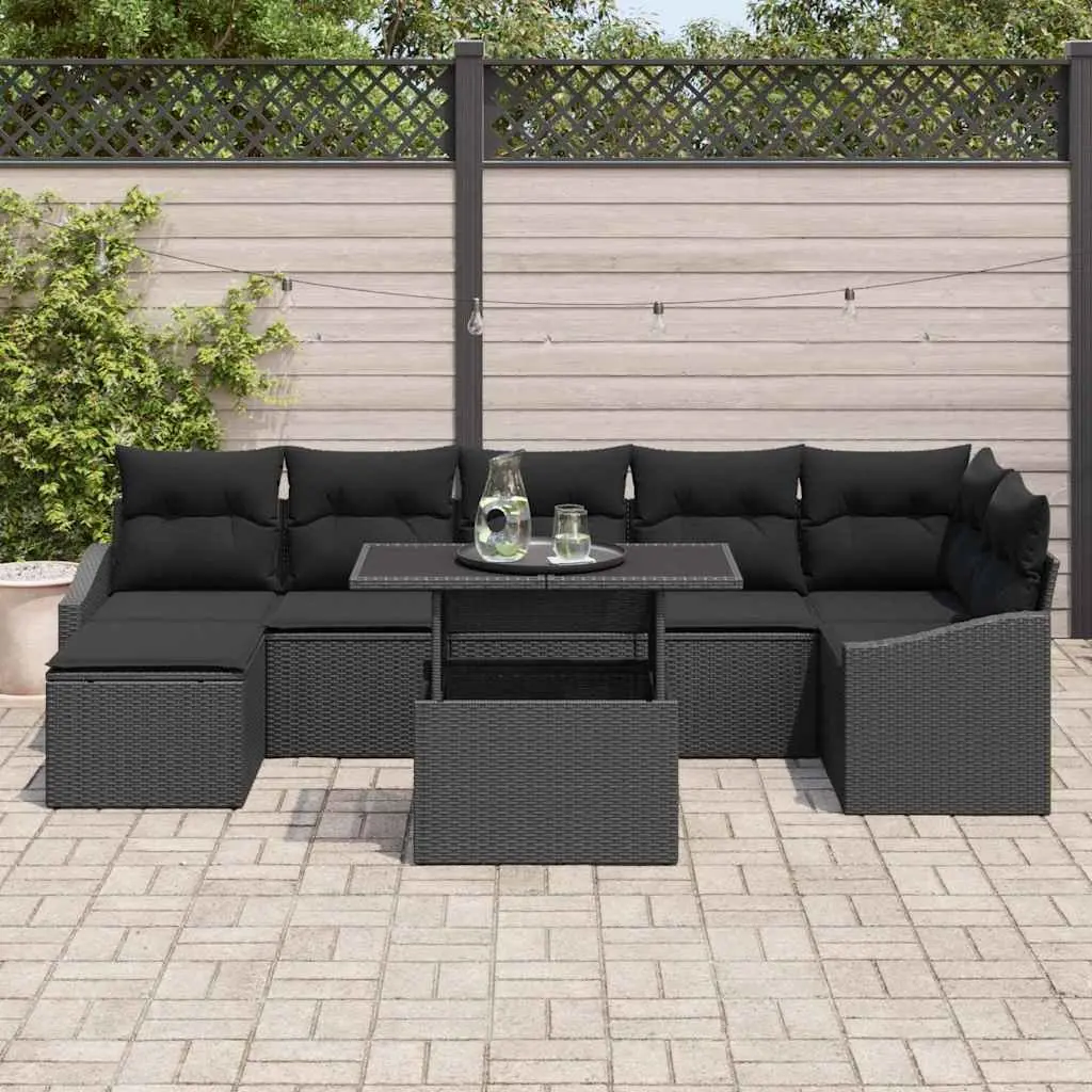 Outdoor Sofa Set Modular Black Poly Rattan Steel Frame 8 Piece Garden Furniture