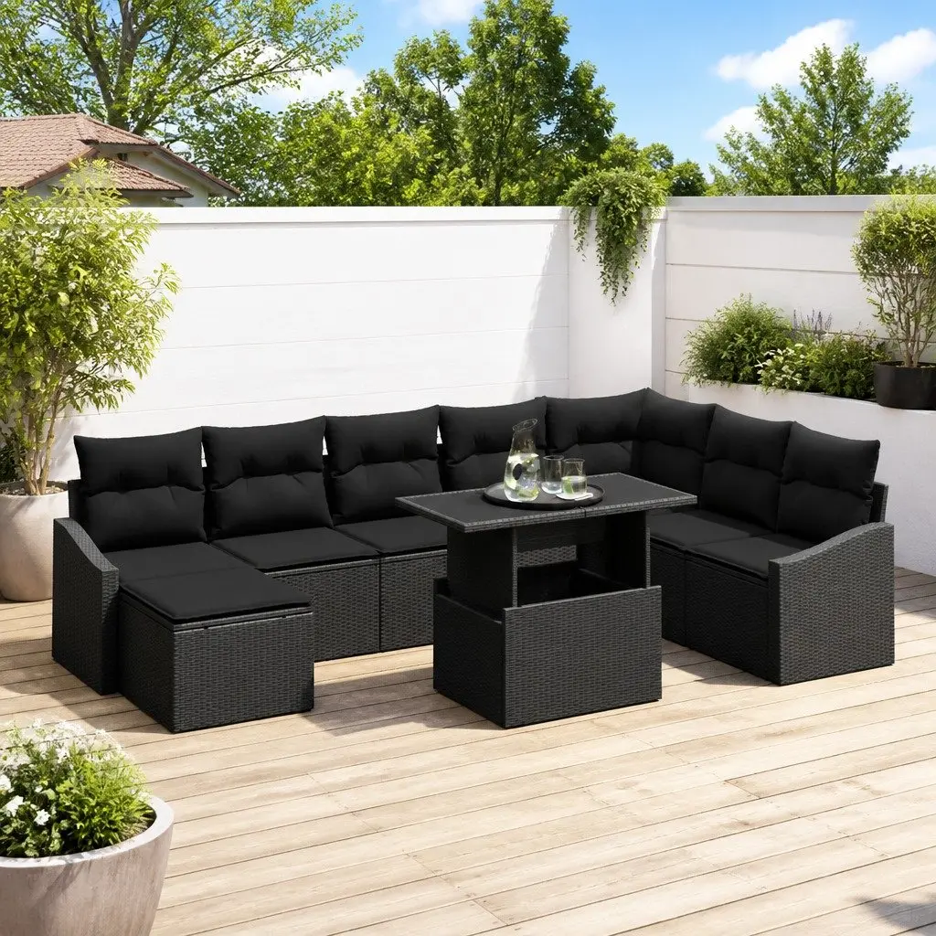 9 Piece Outdoor Garden Sofa Set Poly Rattan Modular Black Patio Seating