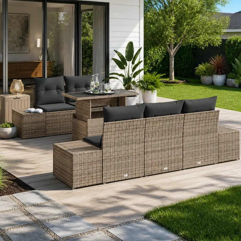 Garden Sofa Set 6 Piece Modular Poly Rattan Steel Frame Grey