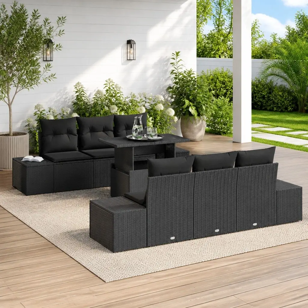 Outdoor Garden Sofa Set 7 Pieces Black Poly Rattan Steel Frame Patio Seating