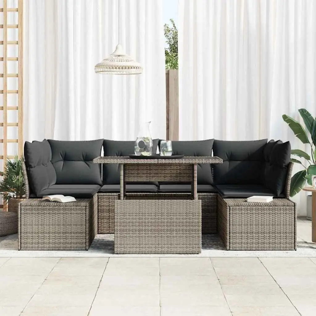 7 Piece Outdoor Sofa Set Adjustable Dining Table Grey Poly Rattan Cushion Seating Garden Furniture