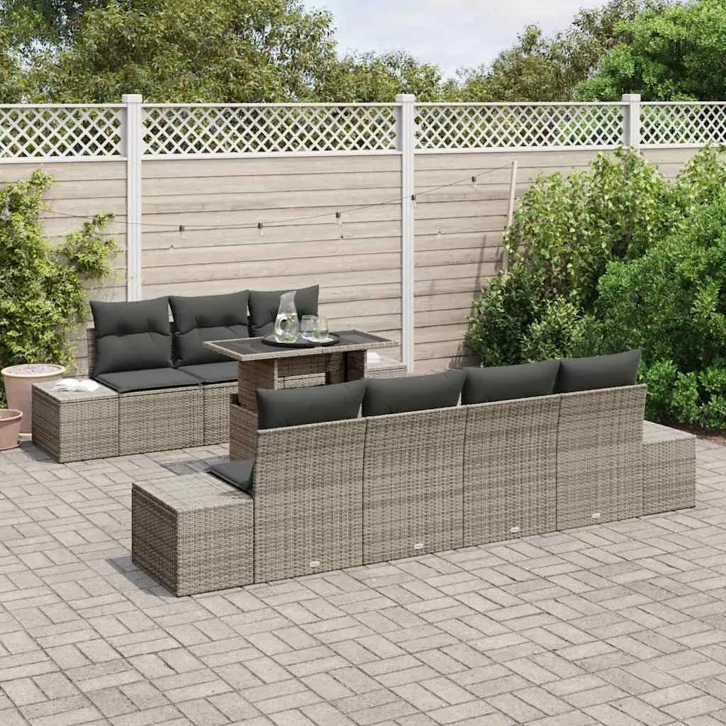 Outdoor Garden Sofa Set 8 Piece Grey Poly Rattan Steel Frame Modular Lounge