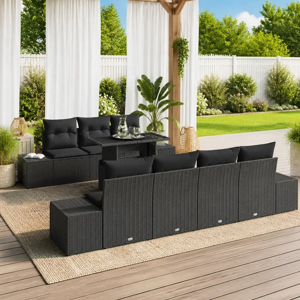 Outdoor Garden Sofa Set 8 Piece Black Poly Rattan Steel Frame Modular Seating