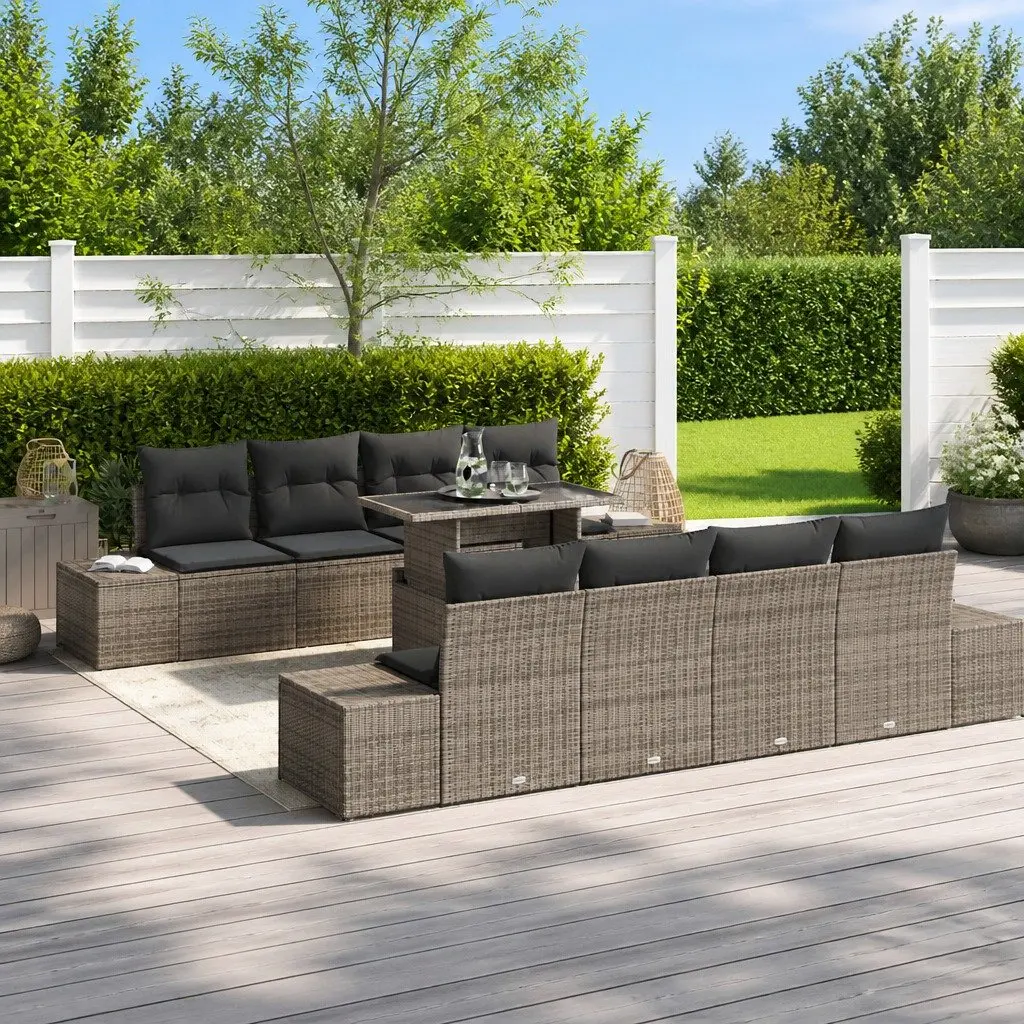 Modular Outdoor Sofa Set 9 Piece Grey Poly Rattan Steel Frame Lounge Furniture
