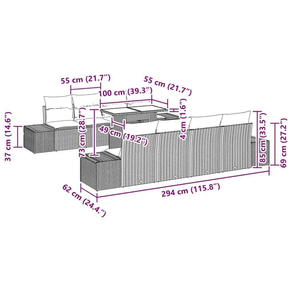 Modular Outdoor Sofa Set 9 Piece Grey Poly Rattan Steel Frame Lounge Furniture