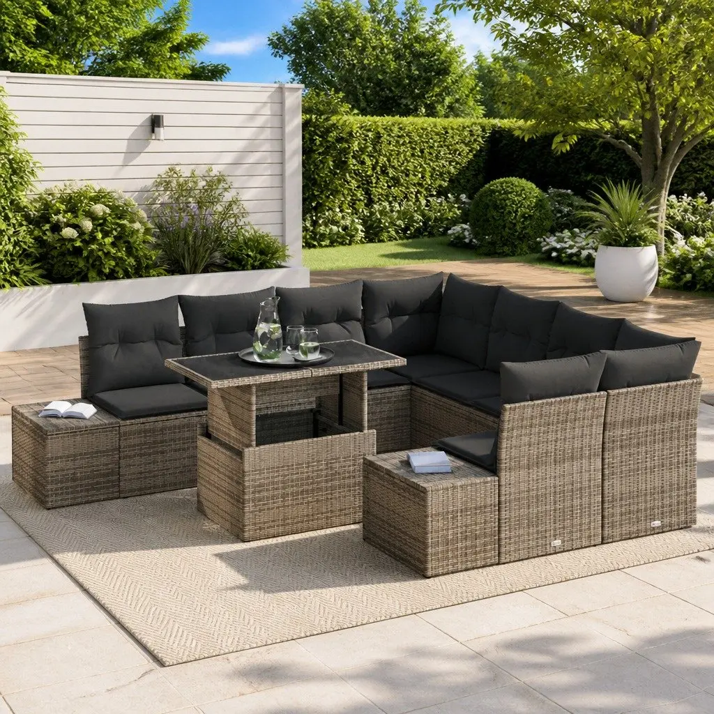 Modular Outdoor Seating Sofa Set Grey Poly Rattan 9 Pieces with Cushions for Patios and Gardens