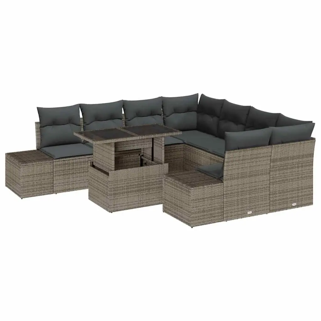 Modular Outdoor Seating Sofa Set Grey Poly Rattan 9 Pieces with Cushions for Patios and Gardens