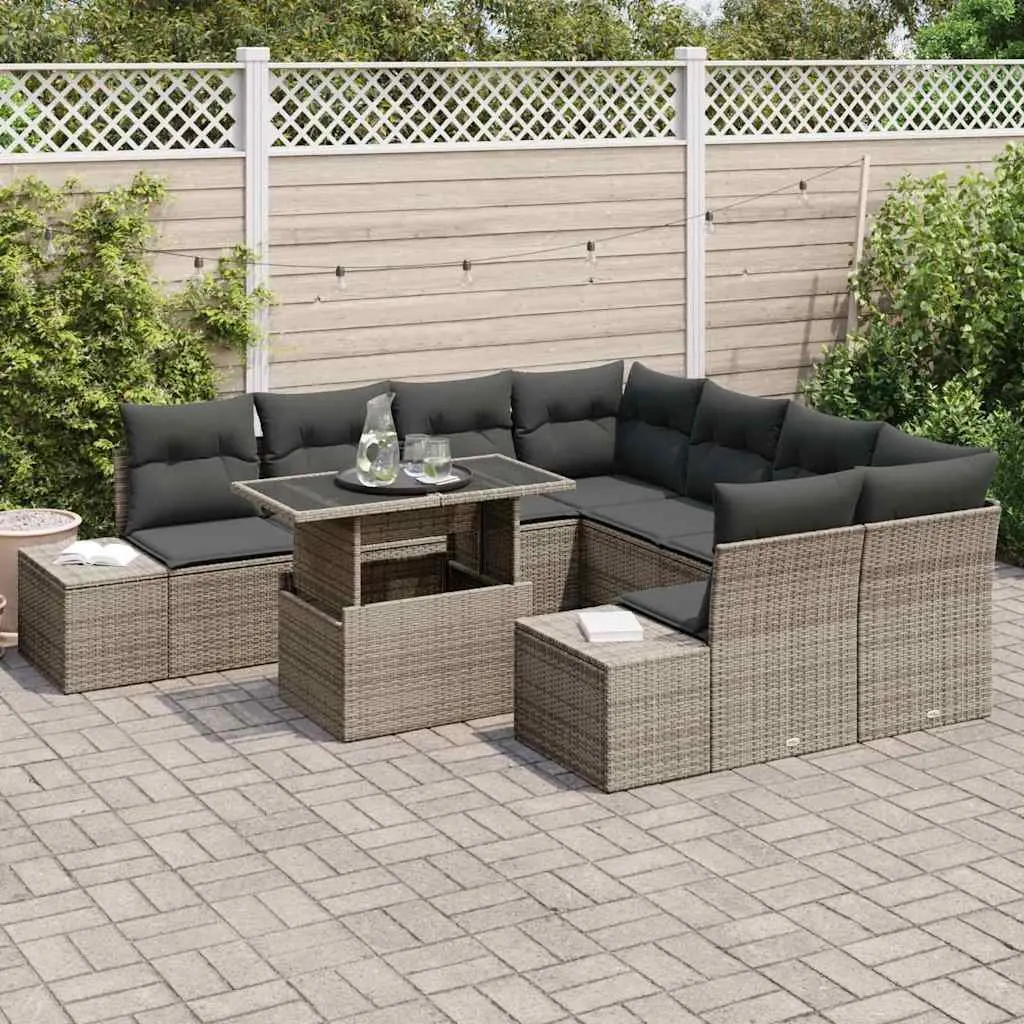 Modular Outdoor Seating Sofa Set Grey Poly Rattan 9 Pieces with Cushions for Patios and Gardens