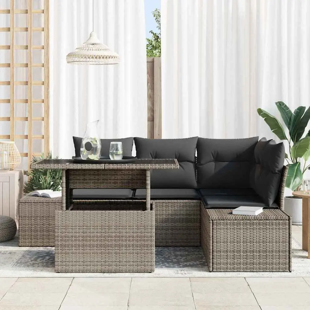 Sofa Set 5 Piece Grey Outdoor Furniture Poly Rattan Sectional with Adjustable Table for Garden and Patio