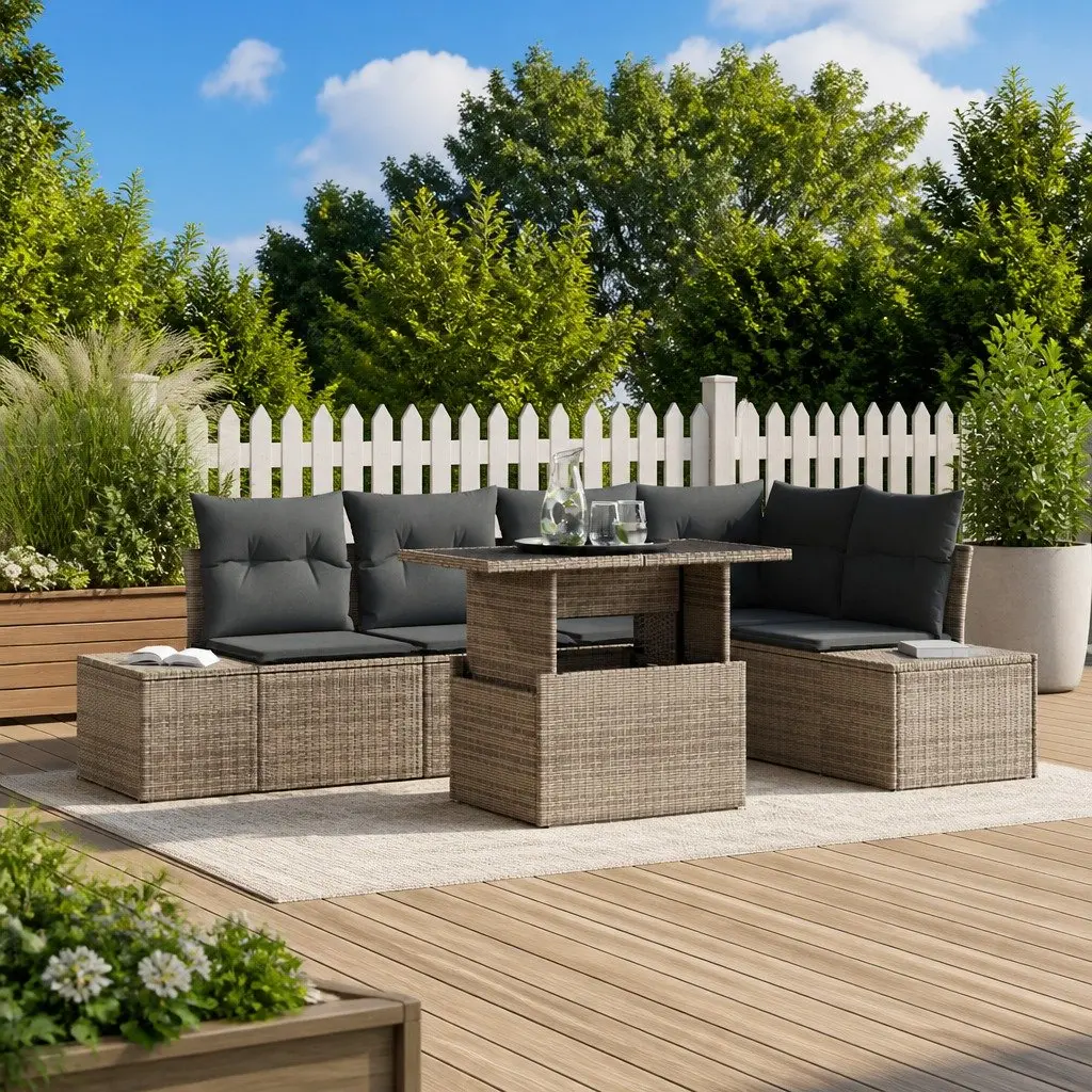 Garden Sofa Set 6 Pieces Grey Poly Rattan Outdoor Furniture with Storage Bench